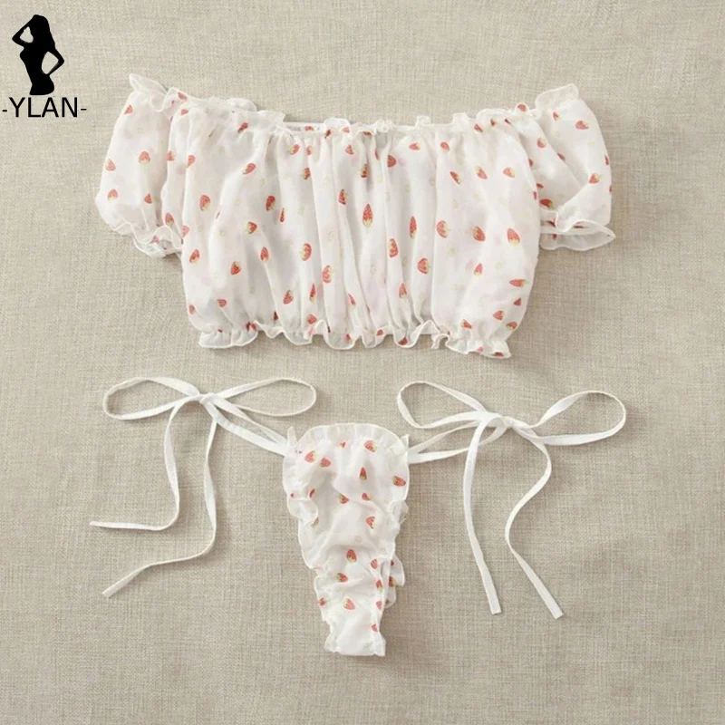 Off Shoulder Lingerie Set Kawaii Women s Underwear Cute Strawberry Print Bra Young Girl Ruffles Micro Bikini Mujer 5
