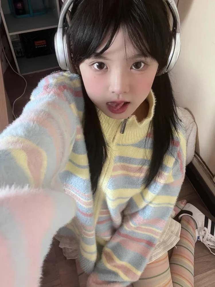 Deeptown Y2K Aesthetic Vintage Striped Knitted Cardigan Women Harajuku Kpop Zipper Oversized Sweater Korean Sweet All-match Tops