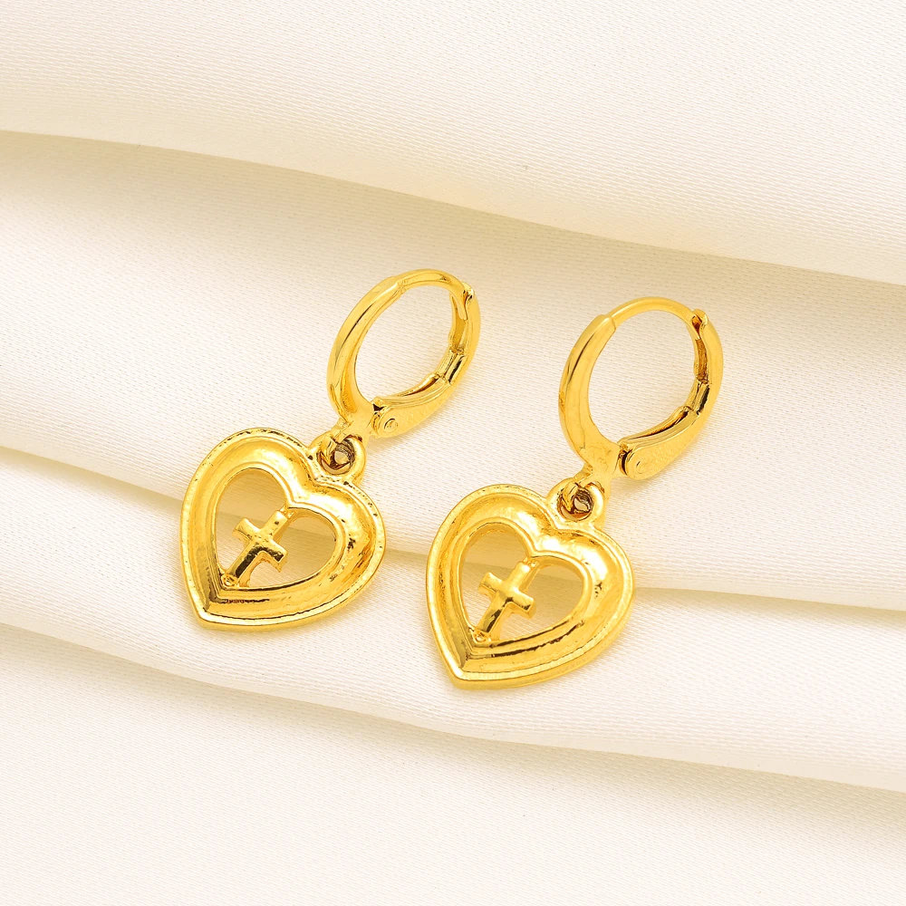 Gold Color Dubai Heart Cross Jewelry Sets Earrings Pendant Necklace Women Party Gifts