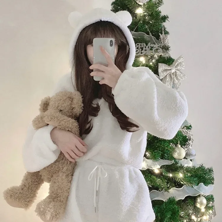 Korean Fluffy Long Sleeve Polar Fleece Hooded Tops Women+ Y2k E-Girl High Waist Shorts 2024 Winter New Two Piece Sets