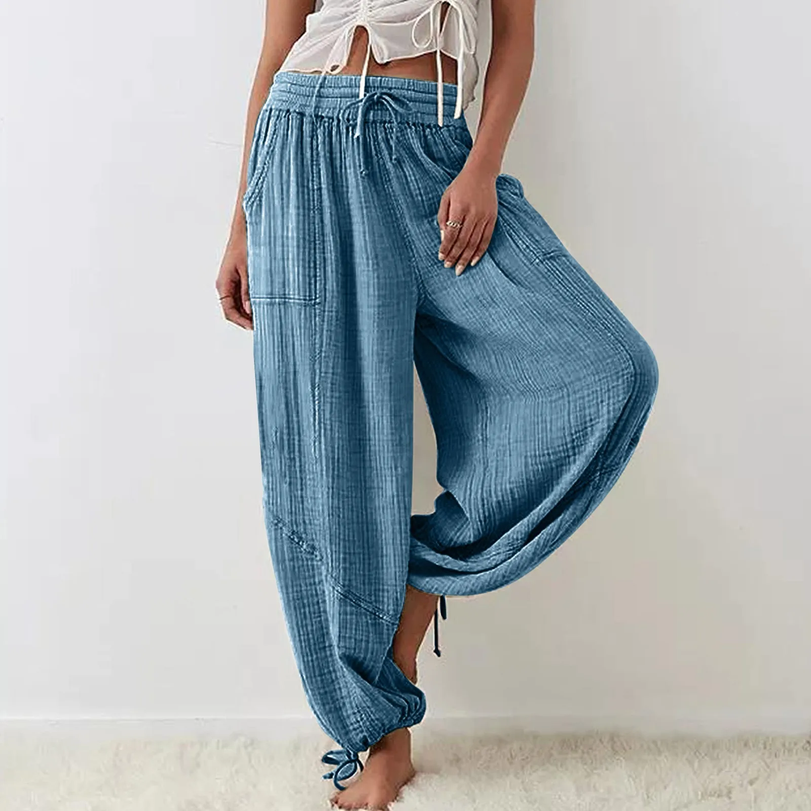 Women's Pants Loose Solid Elastic Waist Pocket Harem Pants Summer Vintage Boho Beach Trousers High Waist Wide Leg Pants