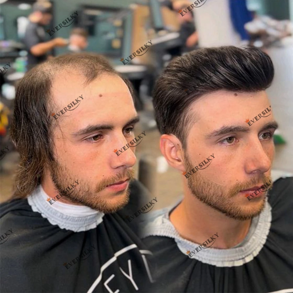 1B20 1B40 Gray Hair Men's Toupee Scalloped Frontline Natural Undetected Skin Base Capillary Prosthesis Hair Replacement System