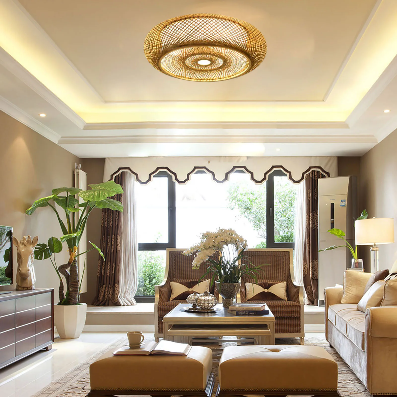 E27 Bamboo Flush Mount new Ceiling Light Rustic Rattan Ceiling Fixture Hanging Lamp 3-Lamp 2025 110V/220V 40/50cm (Bulb Not Included)