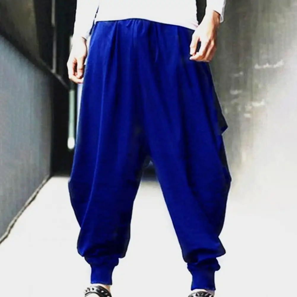 Men Harem Pants Solid Color Elastic Waist Men Trousers Loose-fit Retro Style Drawstring Casual Long Trousers Streetwear