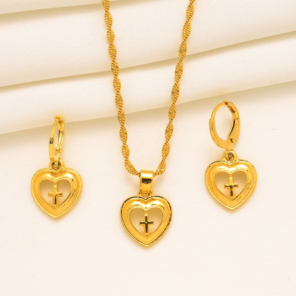 Gold Color Dubai Heart Cross Jewelry Sets Earrings Pendant Necklace Women Party Gifts