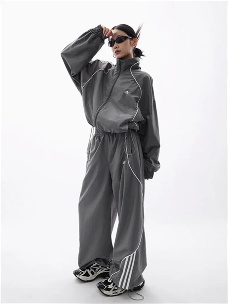 Y2K Gorpcore Pant Sets Women Streetwear Vintage 90s Two Piece Set Oversized Tracksuit Wide Leg Track Pants Hip Hop Jacket