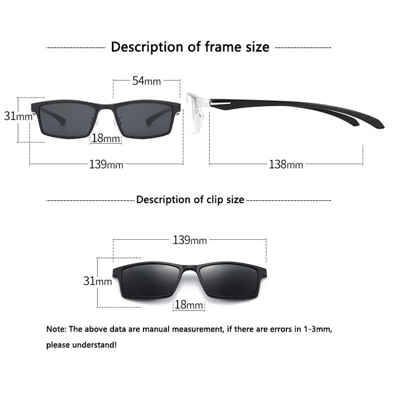 5 In 1 Rectangle Magnet Sunglasses Men Polarized Clip On Glasses for Men Half Metal Frame Male 0 Diopter Optic Myopia Eyewear