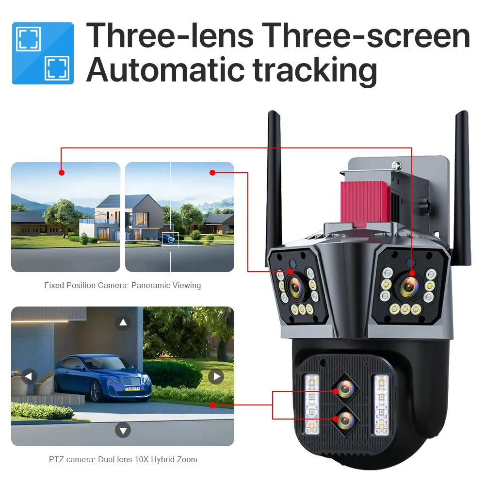 16MP Four Lenes Three-Screen 10X Hybrid Zoom WiFi IP Outdoor Camera PTZ Auto Tracking Waterproof Security Cam Cctv Camera