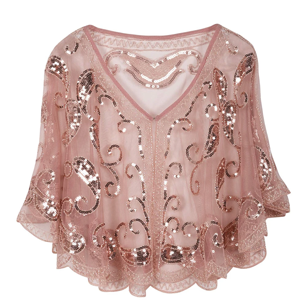 Women's 1920s Shawl Beaded Sequin Decor Lady Evening Cape Bolero Flapper Cover up Blouse Banquet Stage Formal Shawl Accessories