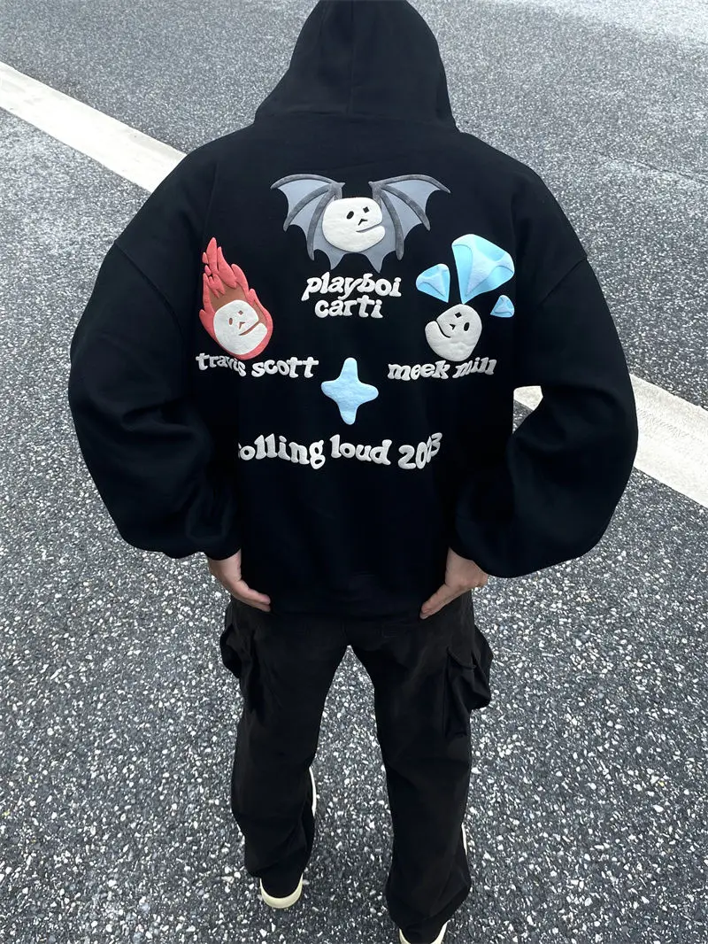 Europe and America High Street Retro Goth 3D Foaming Pattern Hoodie Men Y2k New Harajuku Hip Hop Popular Sweatshirt Unisex Tops