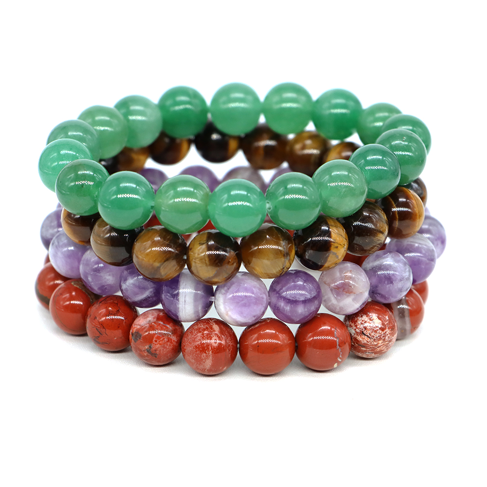 Polished Round Beads Bracelet Natural Stones Tiger Eye Volcanic Lava Amethyst Healing Crystal Wrist Chain Women Men Jewelry