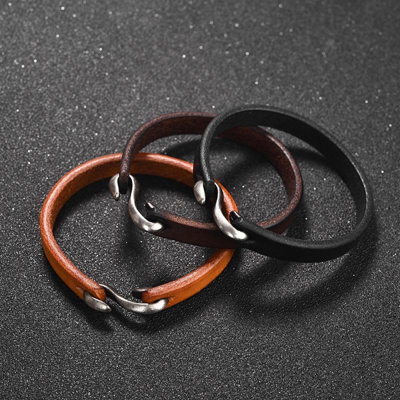 Men Bracelet Genuine Leather Bangle Retro Black new 2025 Brown Orange Color Cuff Bracelet Classic Hooks Wristband Men Women Jewelry Gifts