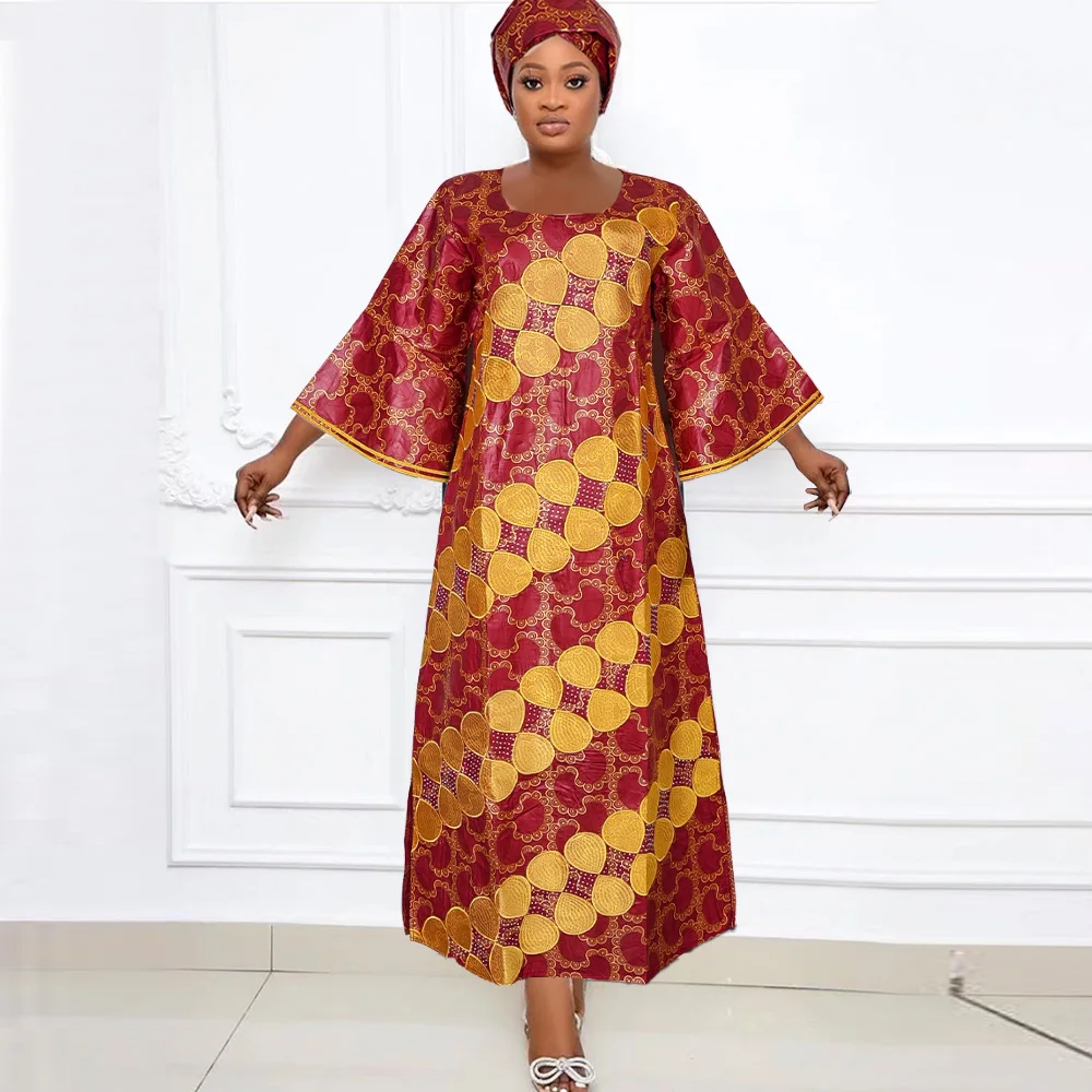 African Dresses For H&D Women Embroidery Bazin Floral Boho Dresses Ankara Rich Long Robes Nigeria Party Wedding Ramadan 2024 smile