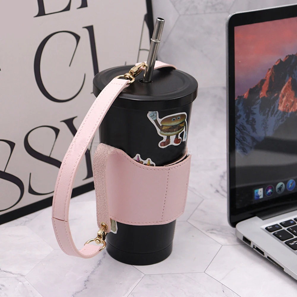 PU Leather Shoulder Crossbody Water Bottle Holder Mug Bag Adjustable Portable Coffee Cup Holder Chain Bottle Cover For Travel