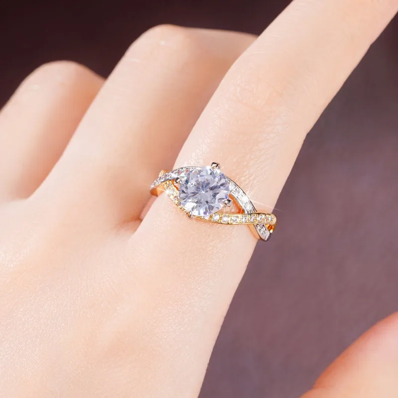 Huitan Cross Rings Claws Setting Cubic Zirconia for Women Trendy Wedding Band Accessories Two Tone Chic Jewelry