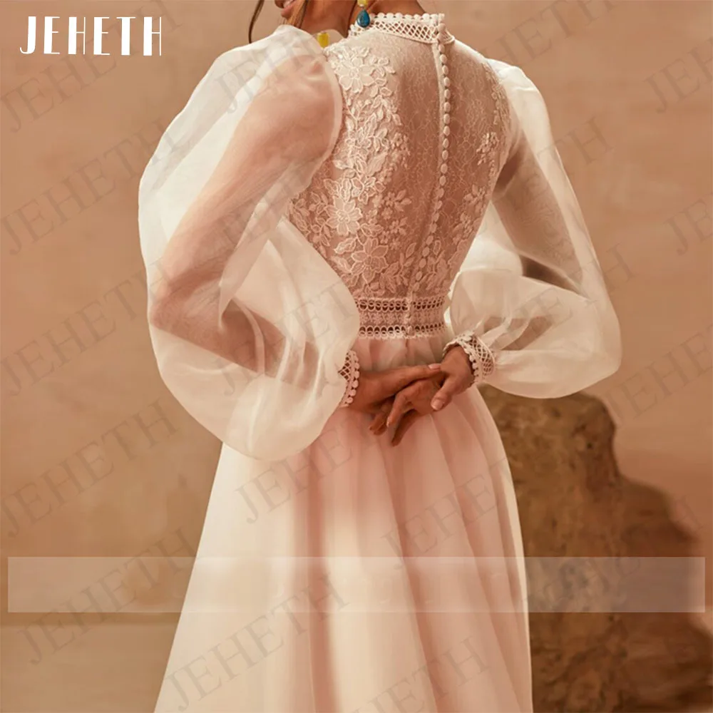 JEHETH Wedding Dresses Boho Vestidos De Boda 2023 Long Puff Sleeves A-Line Bride Gowns High Neck Lace Appliques Bridal Tulle