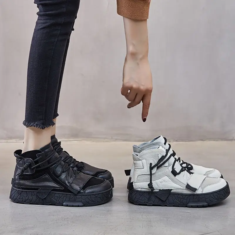 CXJYWMJL Cowhide High Top 2025 Sneakers Women new Autumn Winter Casual Vulcanized Shoes Genuine Leather Ladies Platform Sneakers Lace-up