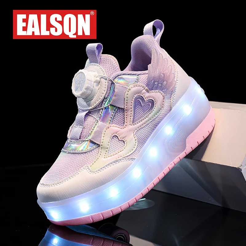 Children Two Girls Wheels Luminous Glowing Sneakers Heels Pink Led Light Roller Skate Shoes Kids Led Shoes USB Charging