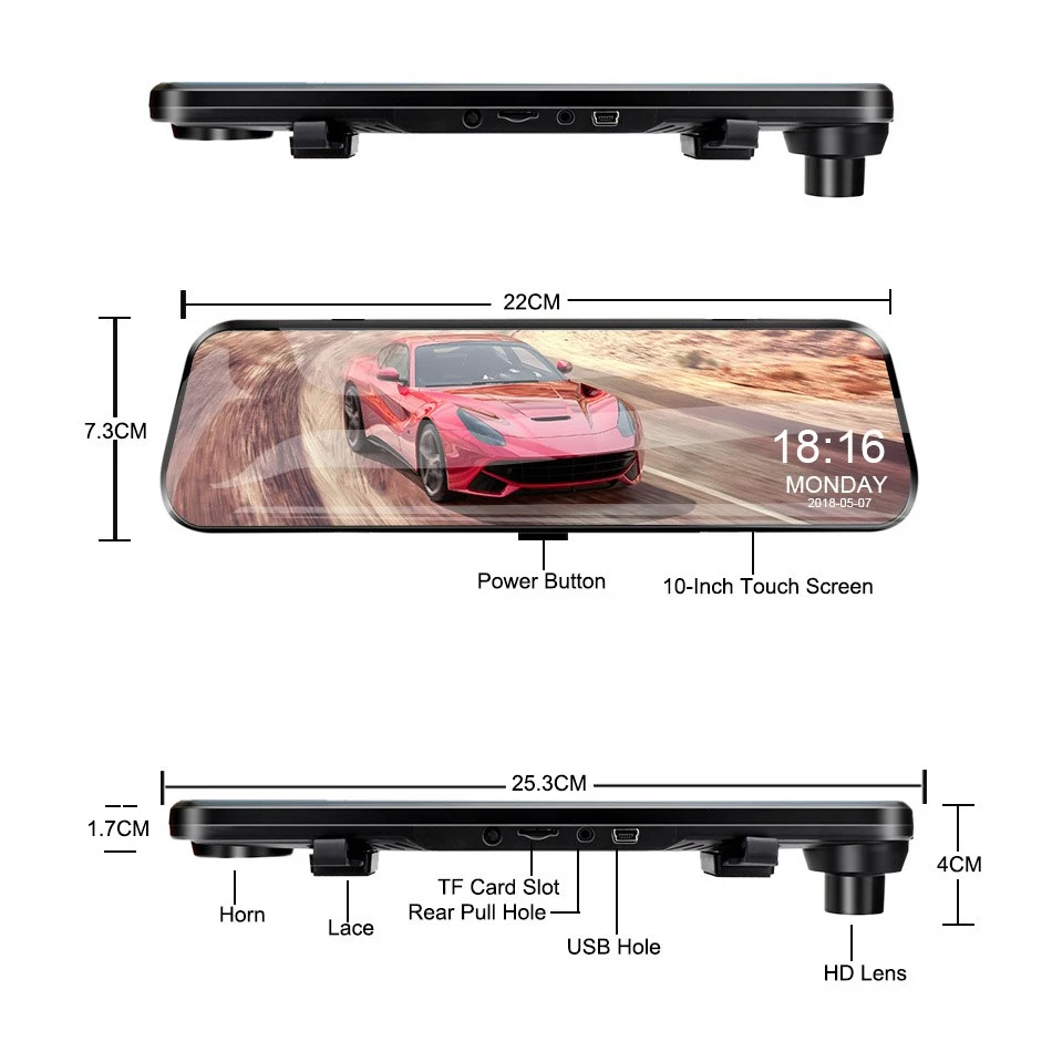 E-ACE 10 Inch Car DVR Mirror Video Recorder 1080P Touch Screen Dashcam For Car AHD Lens Streaming 2025 new Driving Recorder Dash Camera