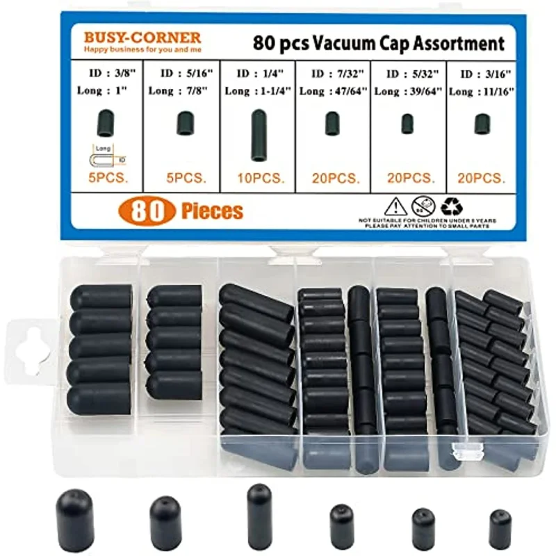 80pcs/box Black Vacuum Dust for Automobile Crburetor Rubber Dropper Cover ID 5/32 to 3/8 inch Carburetor Hose Cap Kit