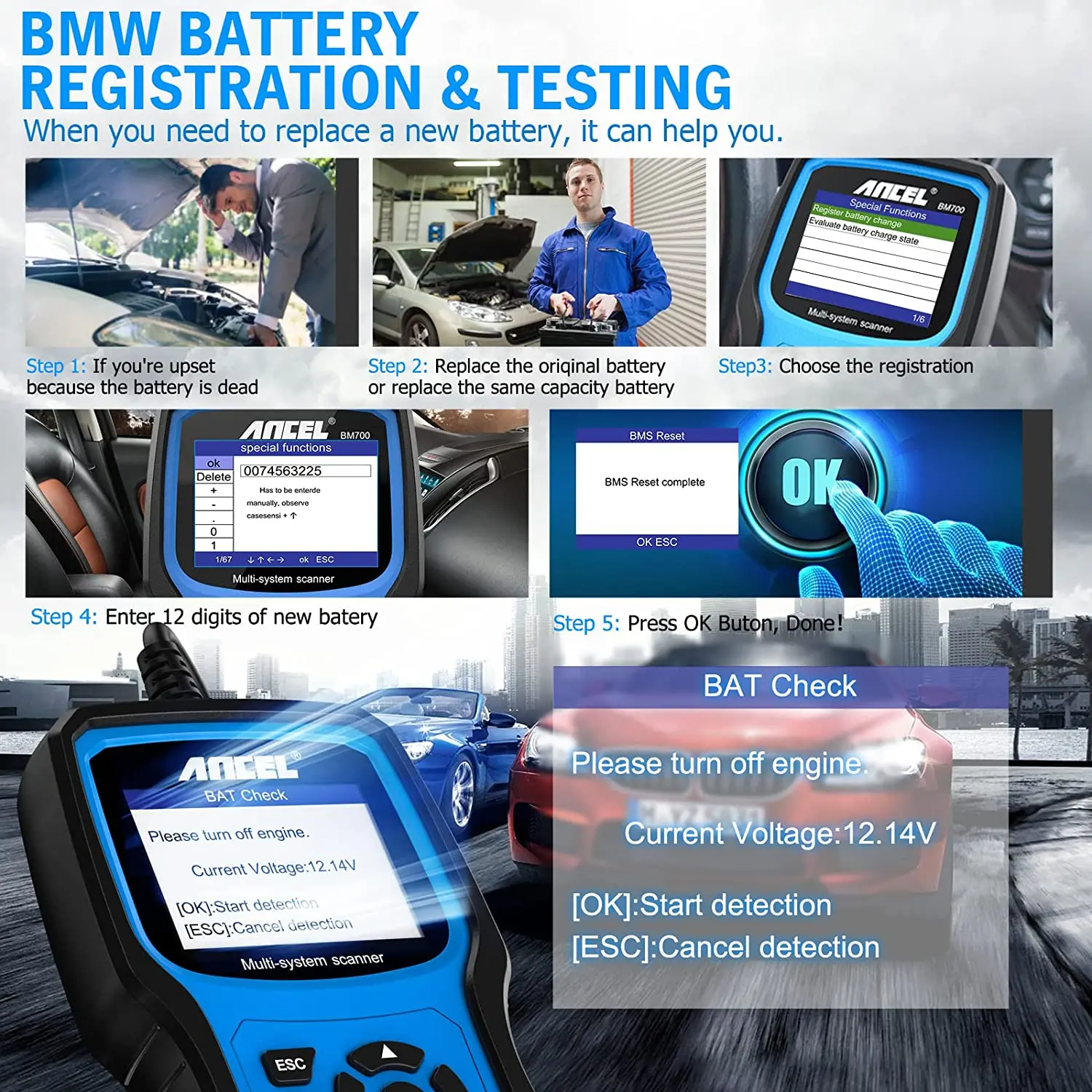 ANCEL BM700 ODB Code Reader OBD2 Scanner Injector Coding EPB SAS Airbag ABS Oil Reset Automotive Diagnostic Tool For BMW