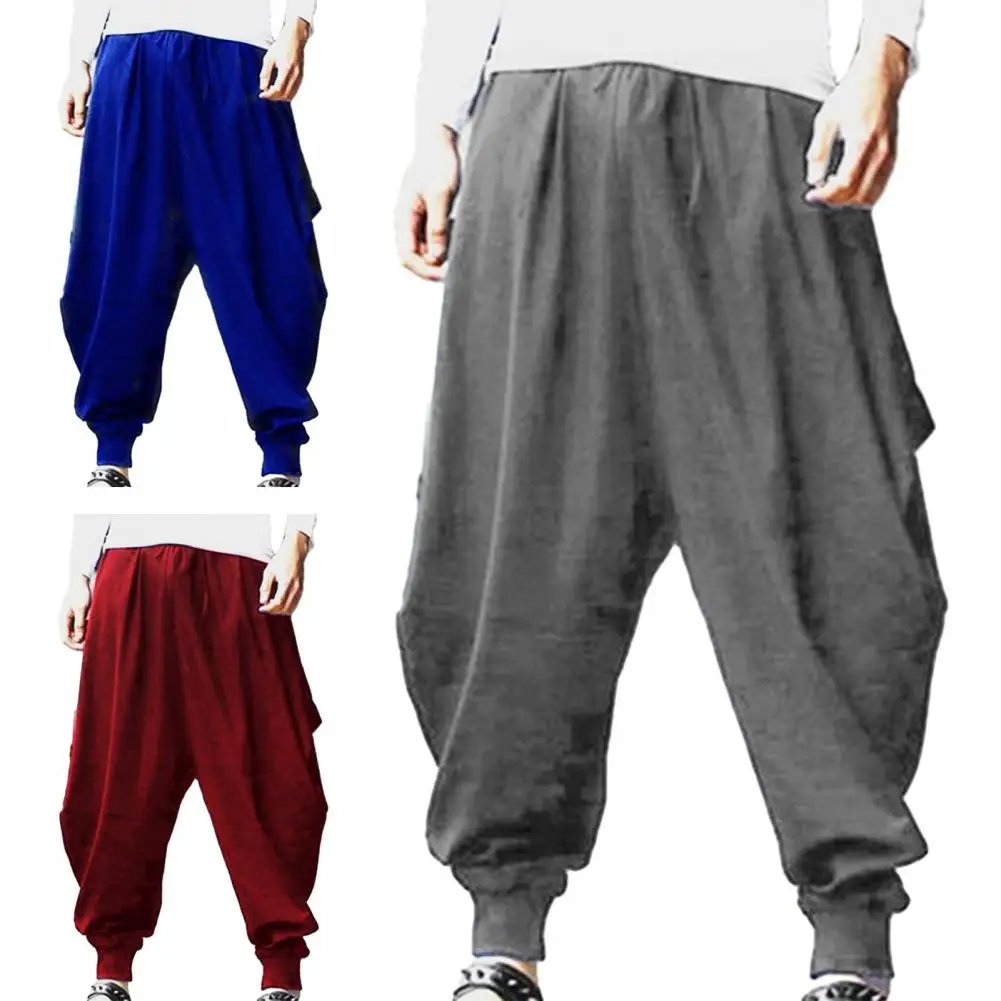 Men Harem Pants Solid Color Elastic Waist Men Trousers Loose-fit Retro Style Drawstring Casual Long Trousers Streetwear