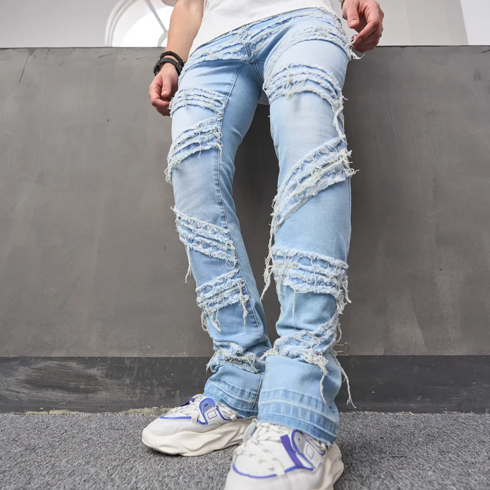Streetwear Men Stylish Spliced new Slim Biker Jeans 2025 Pants Hip Hop Stacked Male Solid Jogging Straight Denim Trousers