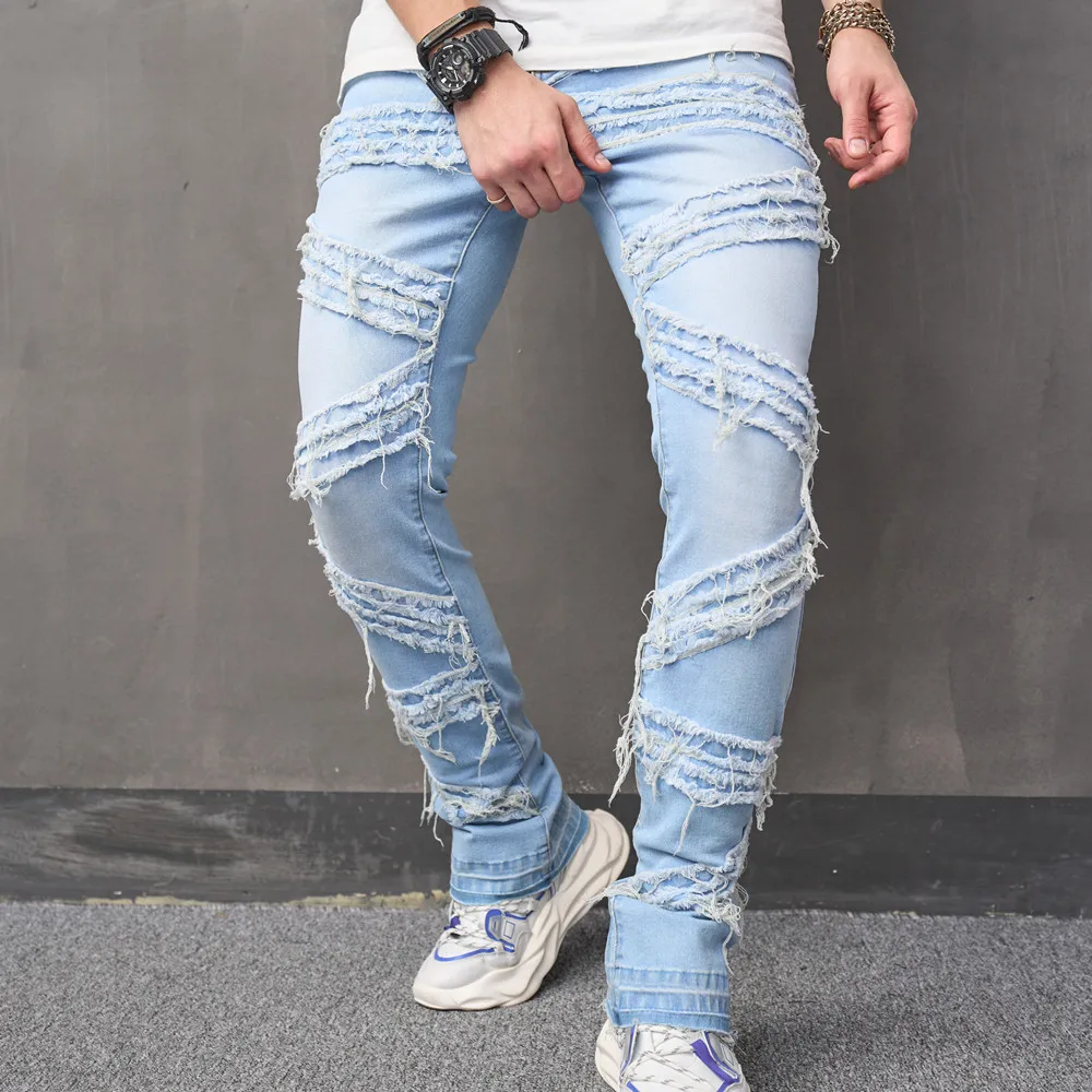 Streetwear Men Stylish Spliced new Slim Biker Jeans 2025 Pants Hip Hop Stacked Male Solid Jogging Straight Denim Trousers