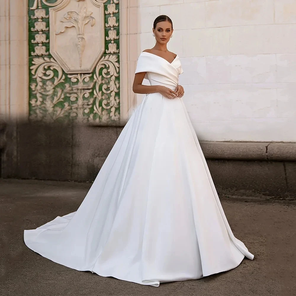 Elegant Wedding Dresses Off The Shoulder Satin A-Line Bridal Gowns For Formal Party V-Neck Floor Length Vestidos De Novia 2024