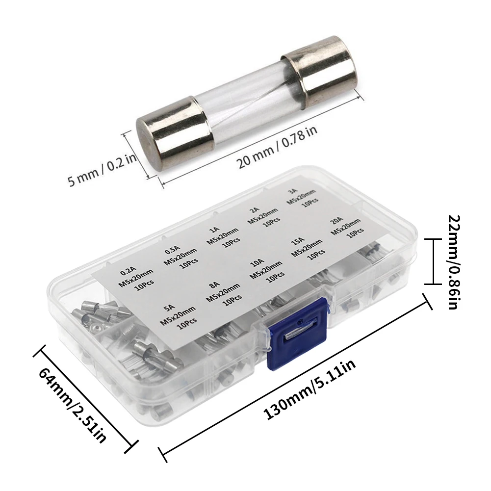 100Pcs Glass Tube Fuse Assorted Kit 5 * 20MM Fast Acting Glass Fuse Amp 0.2A-20A Glass Fuse Assortment Pack with Storage Box