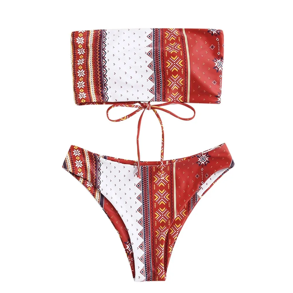 Sexy Women Two-piece Swimsuit Tube Top Bikini Suit Bohemian Ethnic Print High Waist Summer Bikini Set Beachwear