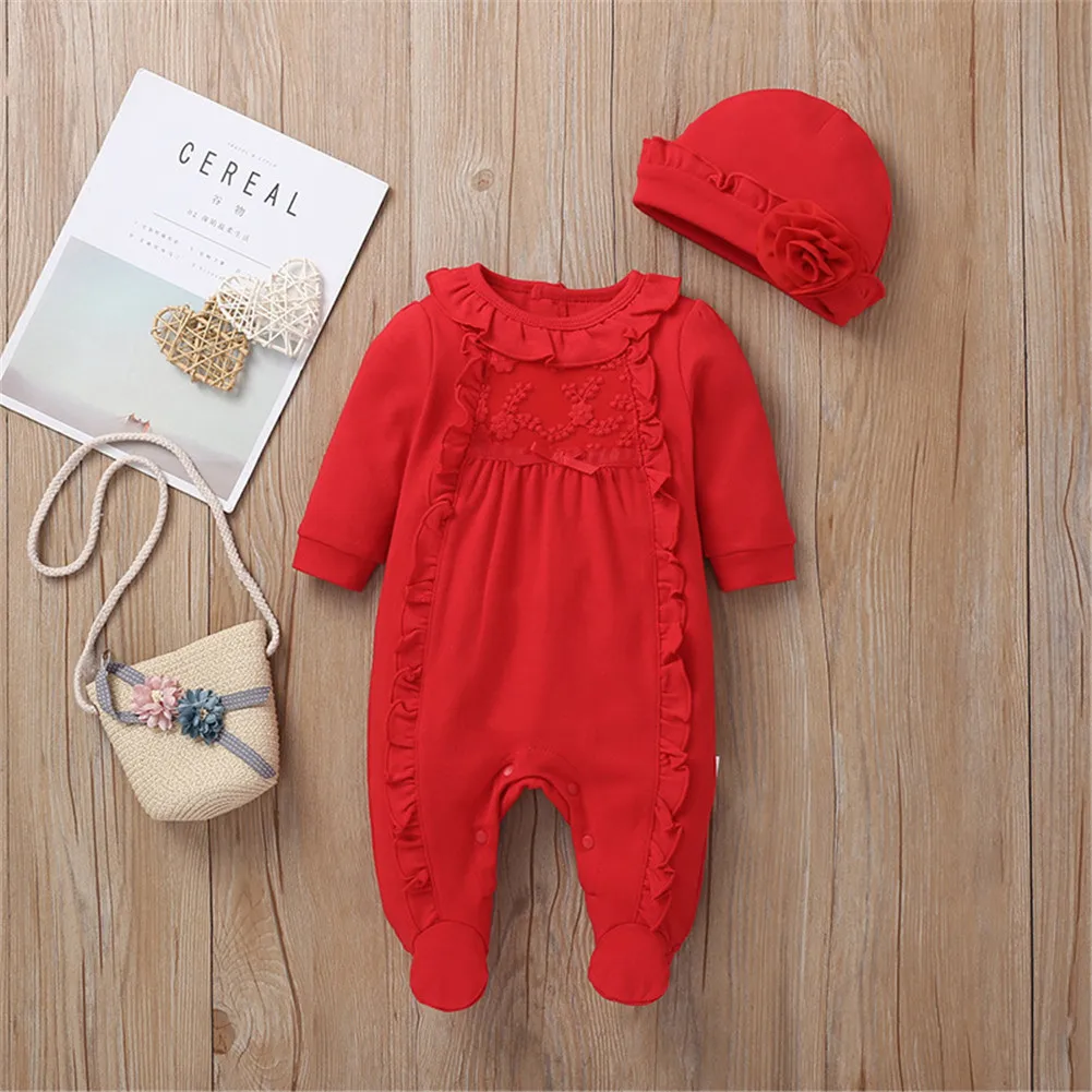 Newborn Baby Girls Romper Jumpsuit Long new Sleeve Lace Ruffle Infant 2025 Jumpsuit with Cap Toddler Clothing 0-12M