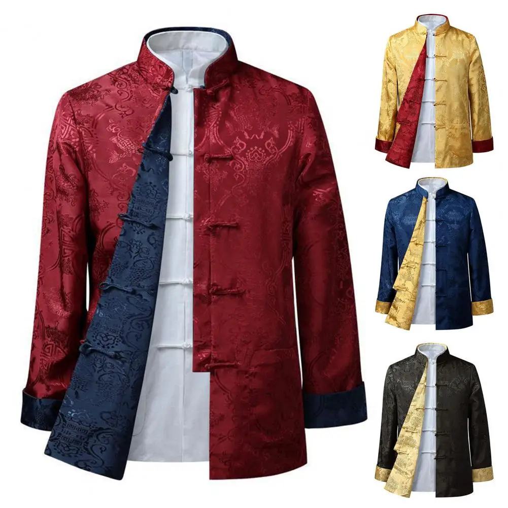 Tang Suit Coat Retro Long Sleeved Reversible Chinese Style Traditional Clothing Keep Warm Stand Collar Vintage Chinese Shirt