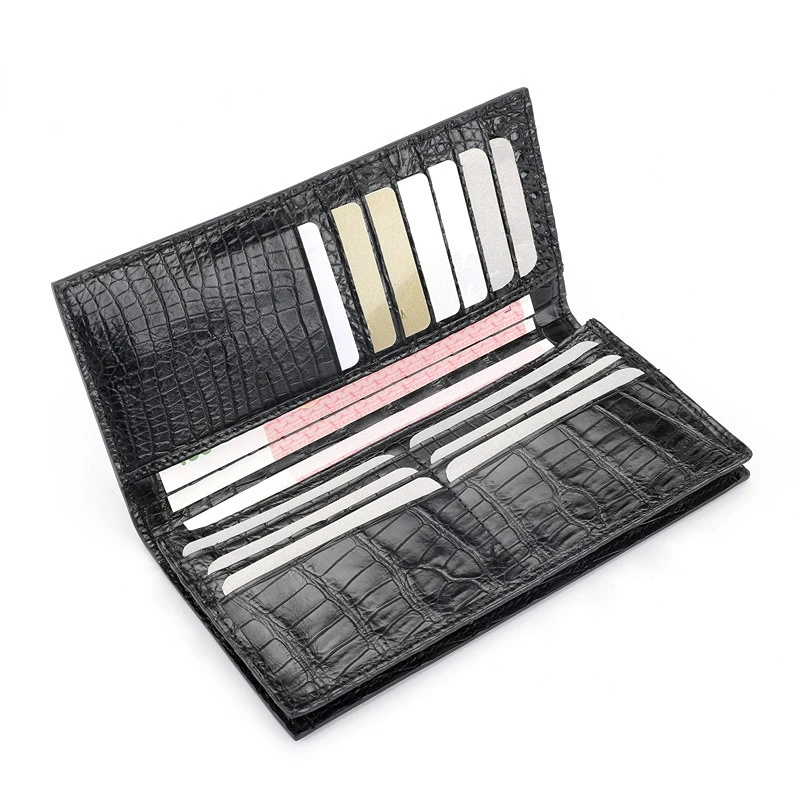 Carteira de couro de crocodilo para homens, bolsas de barriga longa, pele jacaré, bolsa de dinheiro luxuosa 100% real, presente de aniversário