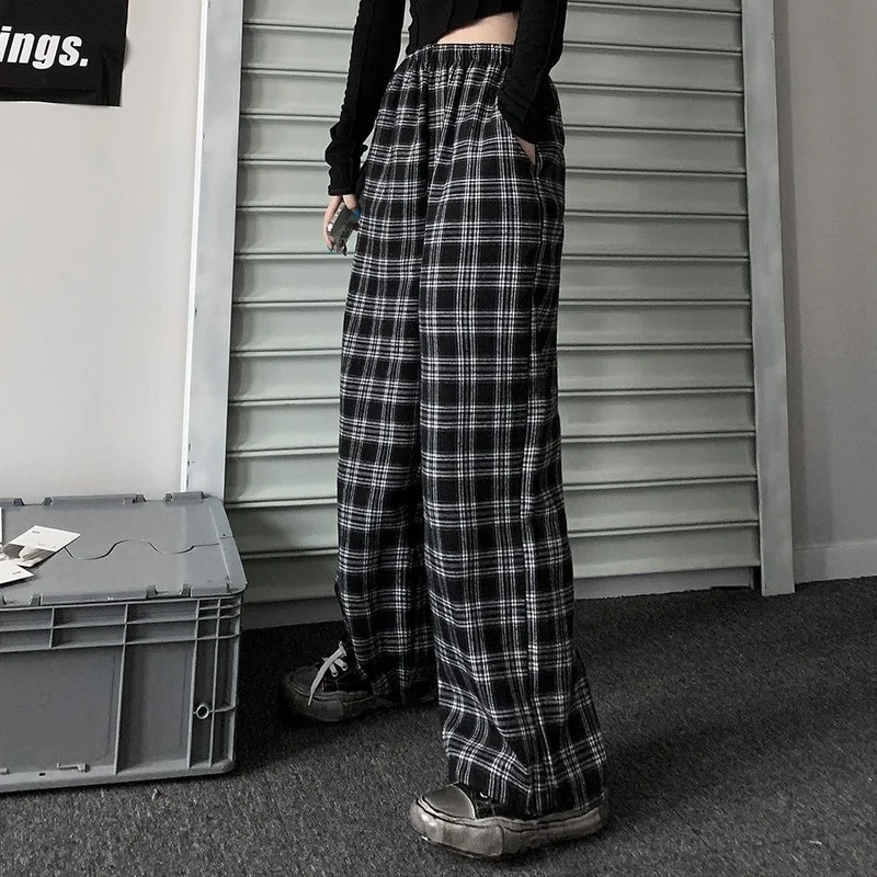 Harajuku High Waisted Plaid Pants Women Korean Style Oversized Wide Checkered Trousers For Female Drawstring Sweatpants