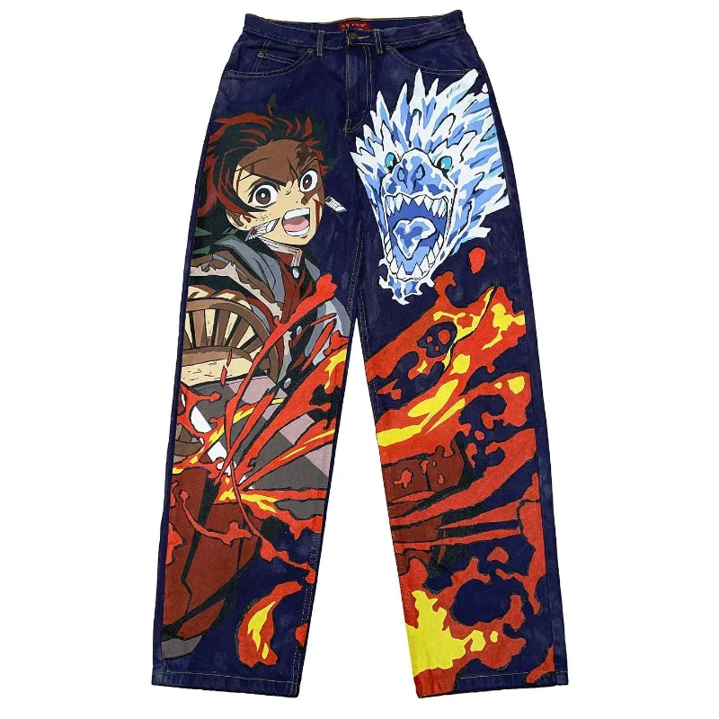 Y2K baggy jeans women Anime print pattern Harajuku blue jeans for Men's and women's styles Fashionable streetwear wide leg jeans