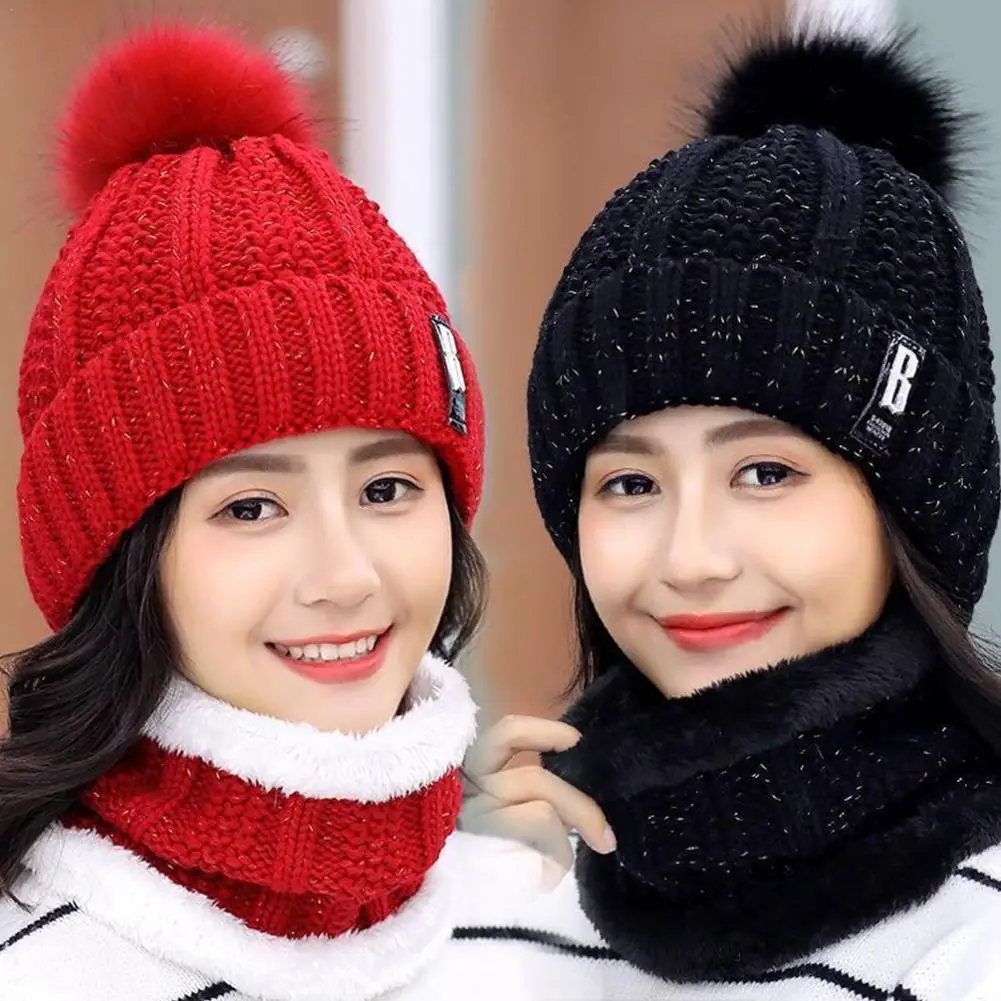 Brand Winter Knitted Scarf Hat Set Thick Warm Skullies Beanies Hats for Women Solid Outdoor Snow Riding Ski Bonnet Caps Girl