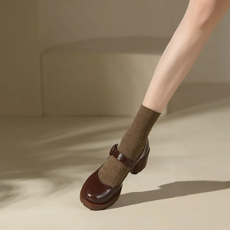 2024 New Cow Leather Mary Jane Women's Shoes LEISURE Buckle Platform Shoes Shallow Pumps Round Toe Shoes Woman Zapatos De Mujer
