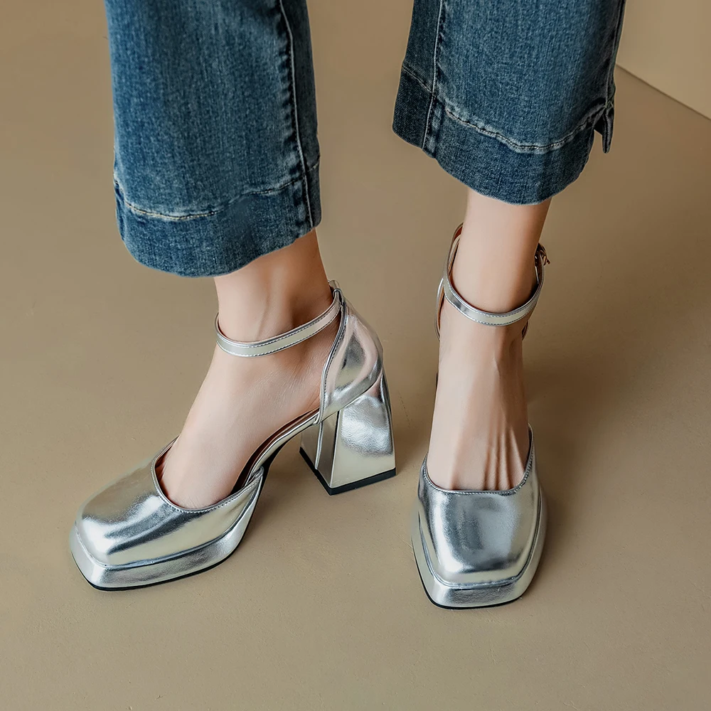 2024 New new Gold Sier Platform Pumps Women Thick 2025 Heels Mary Jean Shoes Woman Square Toe High Heeled Shoes Ladies Mirror Pumps