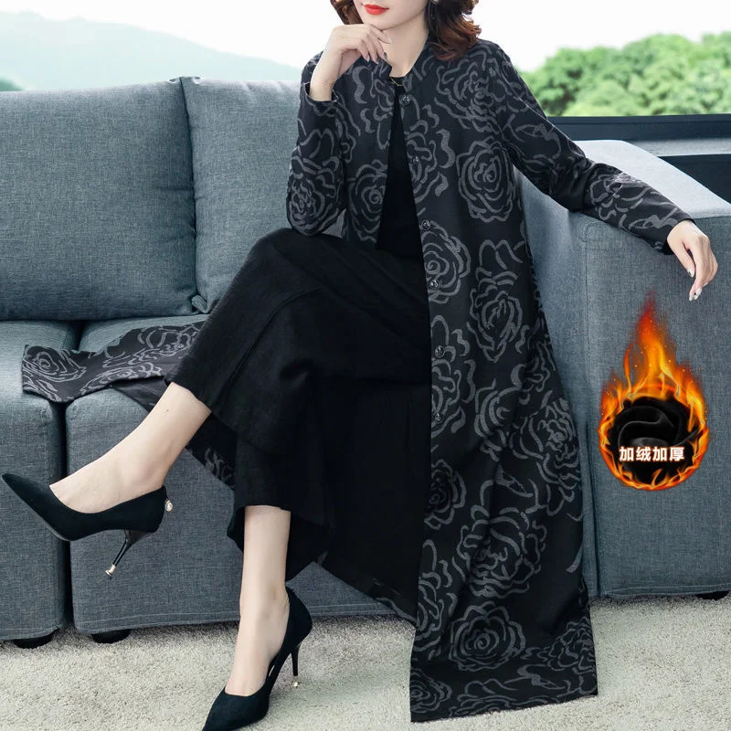 Veet Female Thick 2023 Buttons Casual Ethnic Style Long Windbreaker Jacket Women Autumn New Printed Coat A511 smile