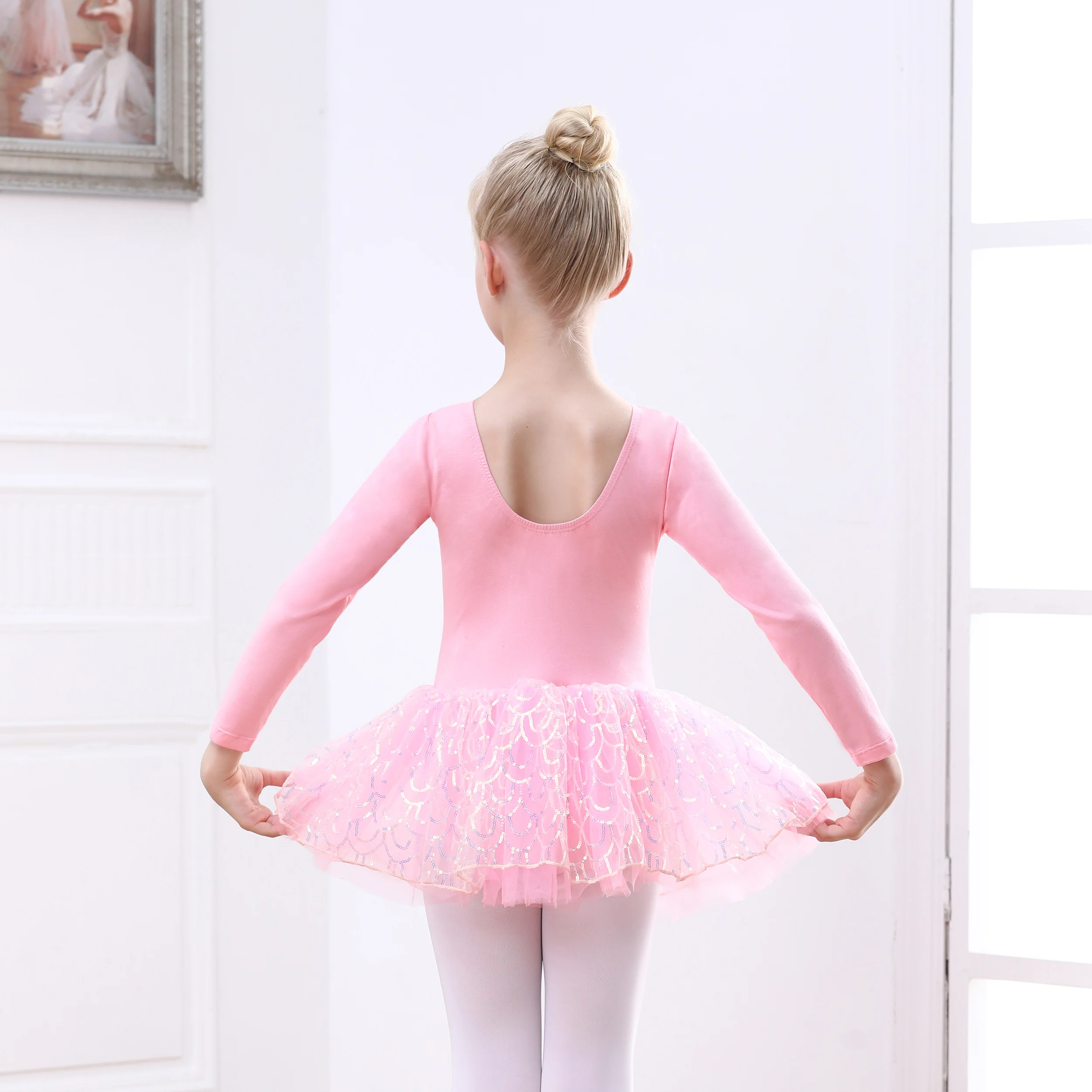 Girls Dance Tutu Leotard for Ballet Long Sleeve Sparkly Sequins Dance Dress