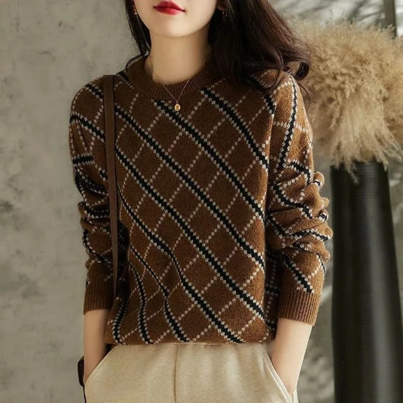 Pullover Round O Neck Brown Women's Sweater Graphic Knit Tops for Woman Plaid Y2k Vintage Tall Jersey Tricot Blouse Korean Style