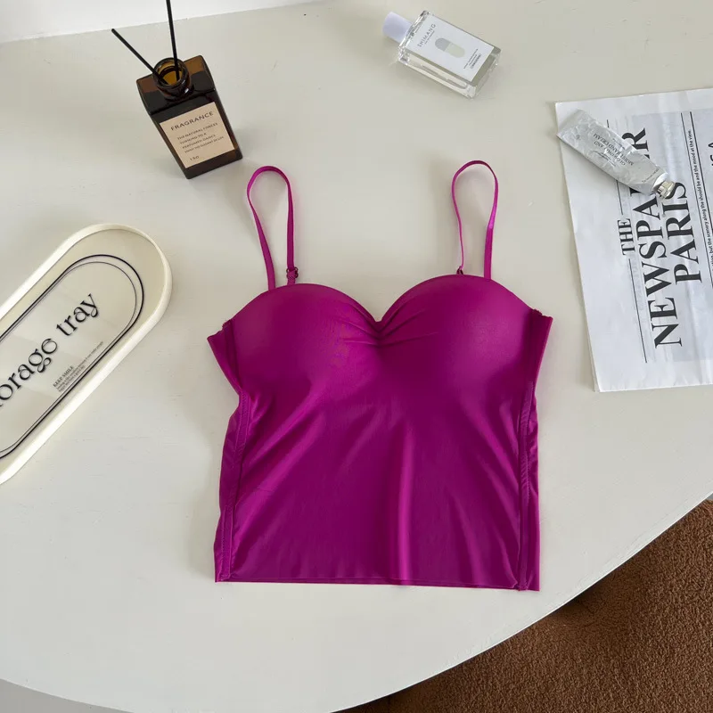 Summer Spaghetti Strap Ice Silk Camisole For Women Solid 2025 Push Up Crop Tops With Chest Pad Casual Soft new Tank Tops Built In Bra