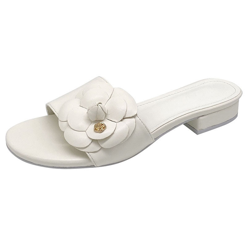 Designer Camellia wer slippers women 2023 sandalias summer lazy shoes ladies ins low heels metal camellia ral slides mujer