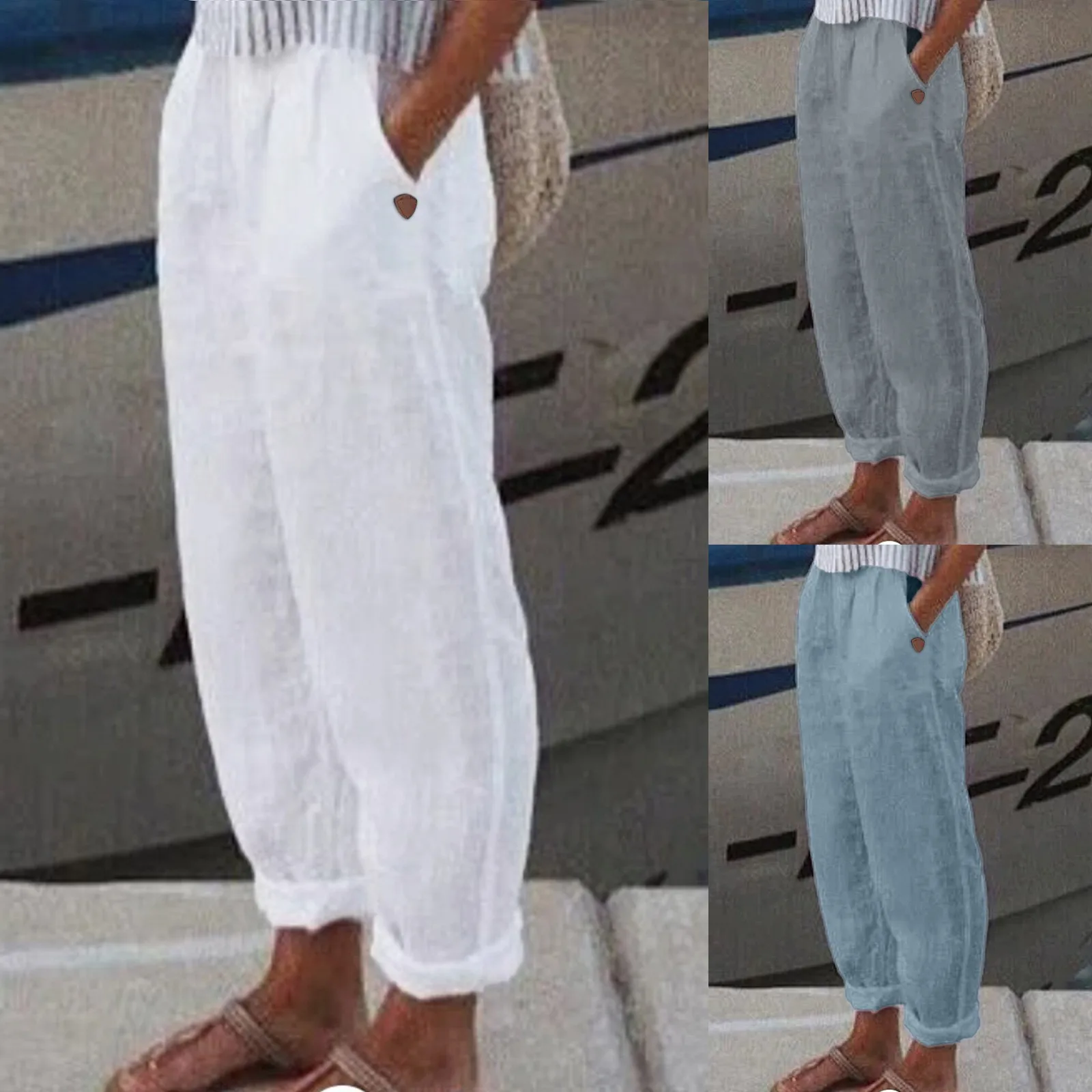 Women Solid Linen Trouser Casual Baggy Elastic Mid new Waist Wide Leg Plus Size Loose Sweat 2025 Pants For Women Outfits