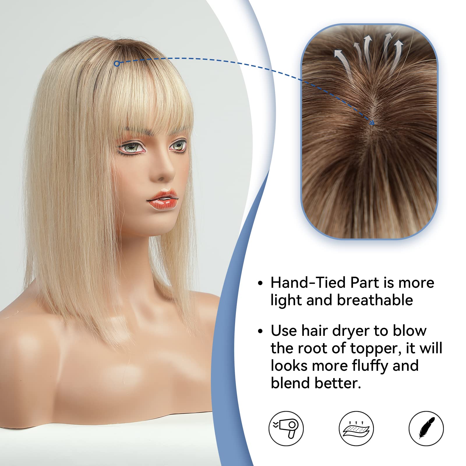 Straight Remy Human Hair Toppers with Bangs Toupee Hair Piece Silk Base Clip in Topper Top Hair for Hair Loss Women Ombre Blonde