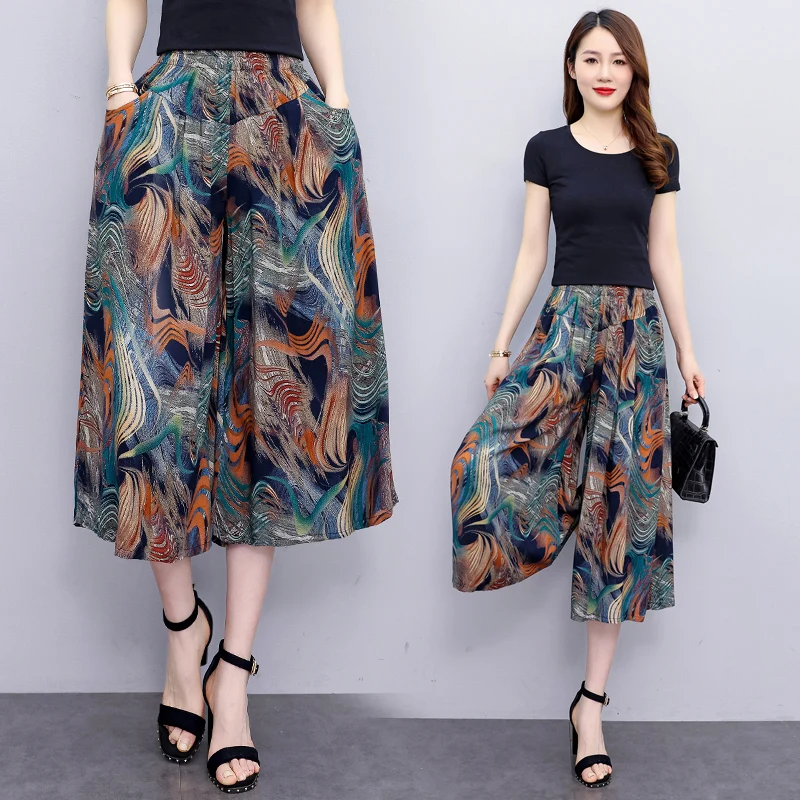 Middle Aged Women's High Waisted Trousers Summer 2023 New Loose Casual 2025 Elastic Waist Wide Leg new Pants Women Vintage Clothes