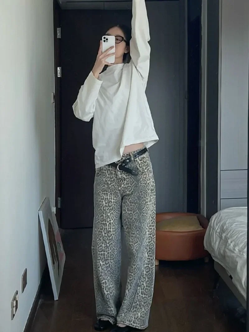 JRJL Leopard Print Jeans Woman Y2k Retro Street American Wide Leg Korean Style Wash Denim Pants Casual High Waist Baggy Jeans
