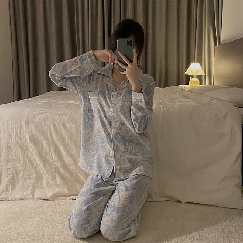 Autumn Spring Ice Silk Pajamas Women Sleepwear Long Sleeve Casual Nightwear Pyjamas Suit Home Clothes Floral Printed Sleep Set 240321