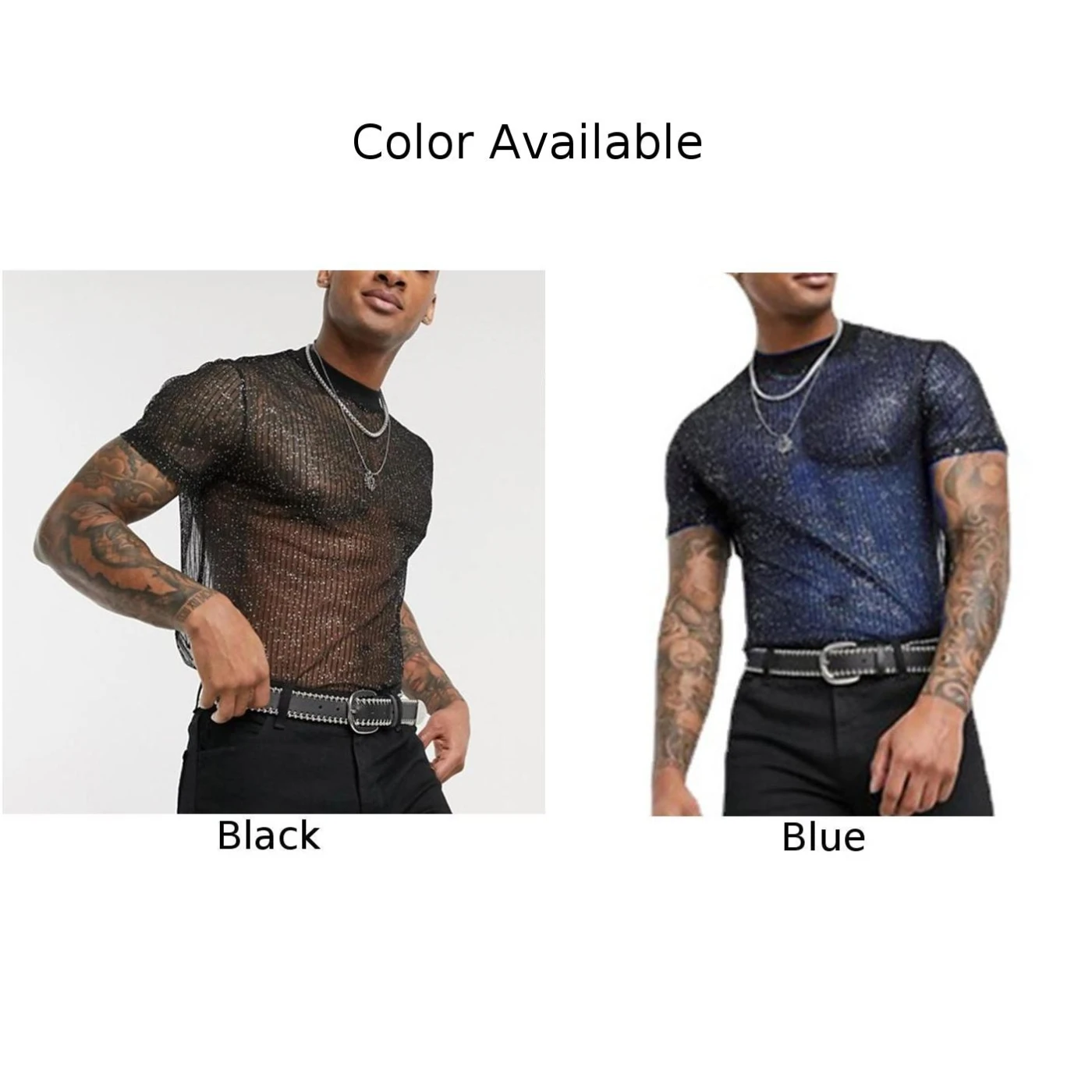 Men T Shirt See Through Sequin Shiny Mesh Sexy Undershirt Short Sleeve Shirts Casual Sexy Sheer Club Top Transparent Blouse